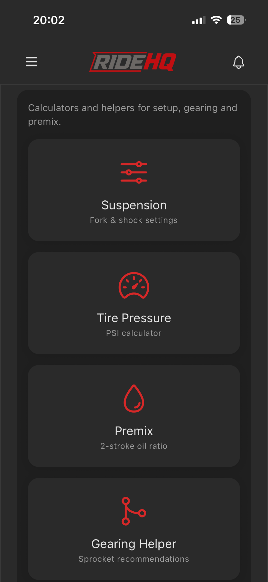 RIDEHQ — Rider Tools: Suspension, tyres, premix, gearing.