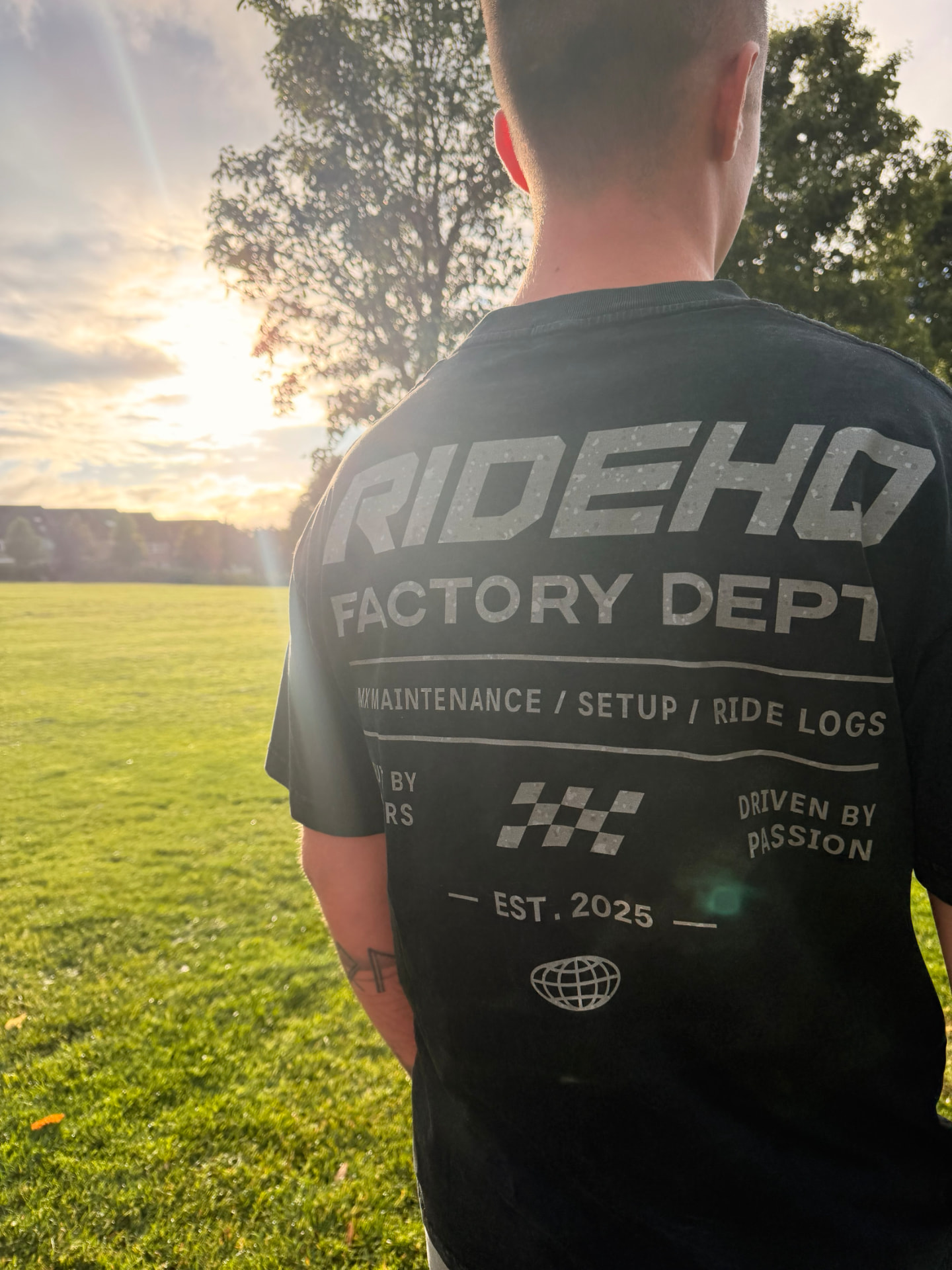 RIDEHQ Factory Dept tee worn at golden hour