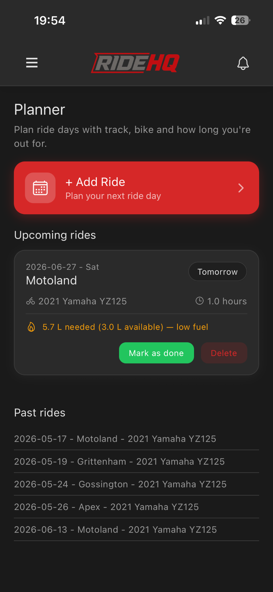 RIDEHQ — Planner: Plan ride days with fuel checks.