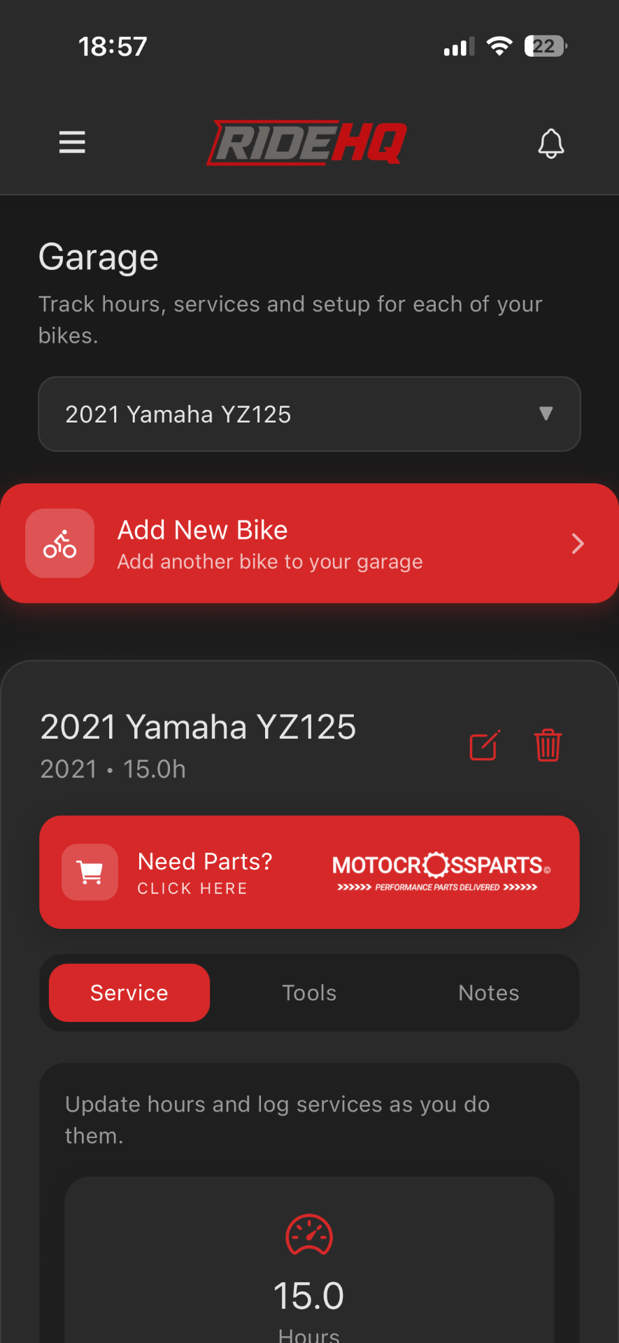 RIDEHQ app garage screen